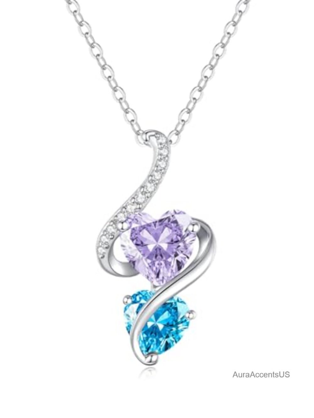 Double Heart Birthstone Pendant Necklace 925 Sterling Silver Gift